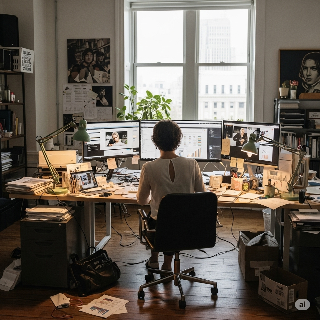 Illustration of a cluttered digital workspace